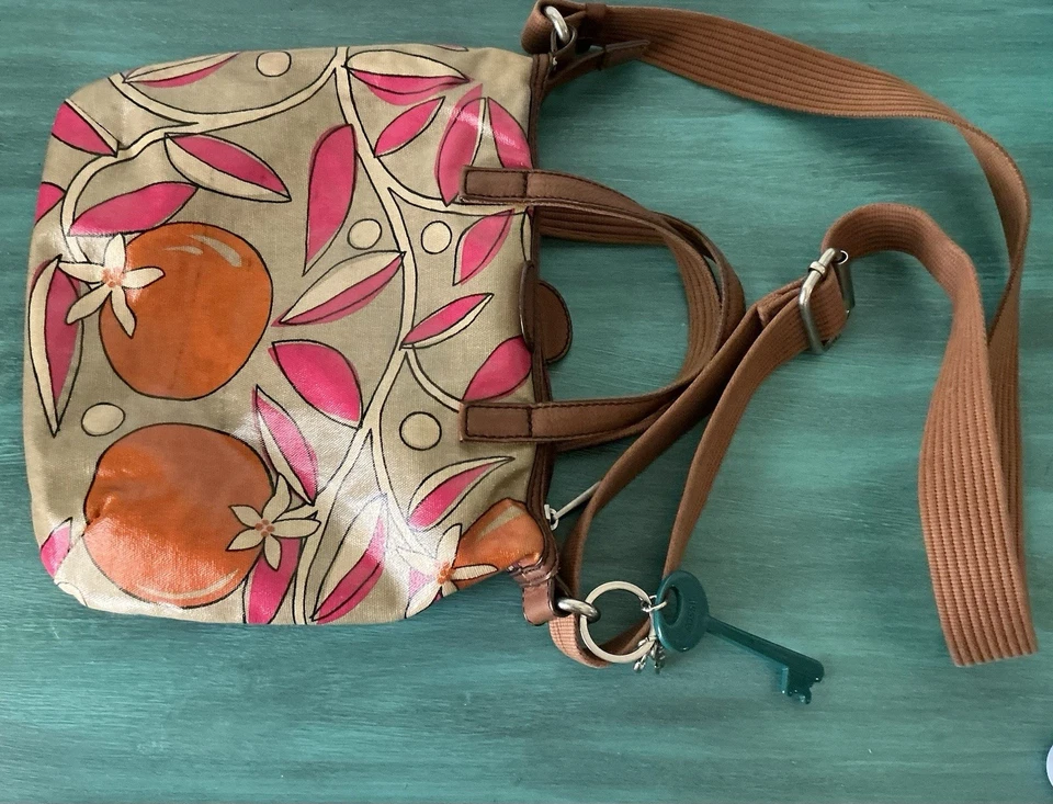 Fossil Key-Per Coated Canvas Leather Crossbody Bag Orange Boho Hippie Purse - Image 4 of 4