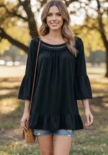 Win Win Black Tunic Crochet Neck Size Large  Ruffle Hem Cottagecore Boho