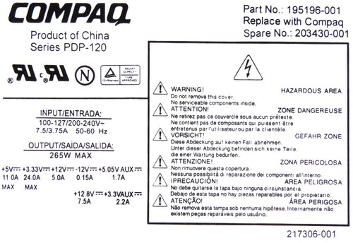 Power Supply Compaq 195196-001 203430-001 265W Deskpro - Picture 3 of 3