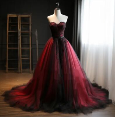 Red And Black Gothic Wedding Dresses Lace Appliques Strapless Long Tulle Vintage
