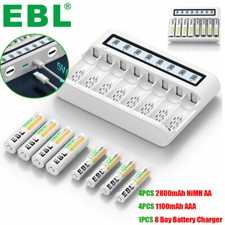 EBL 8 Bay LCD Battery Fast Charger w/ 4x 2800mAh AA  4x 1100mAh AAA Batteries