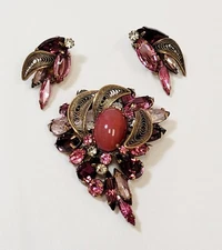 Vintage Alice Caviness Brooch & Earrings Pink Purple Rhinestone Filigree