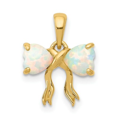 Real 14kt Yellow Gold Gold Polished Created Opal Bow Pendant