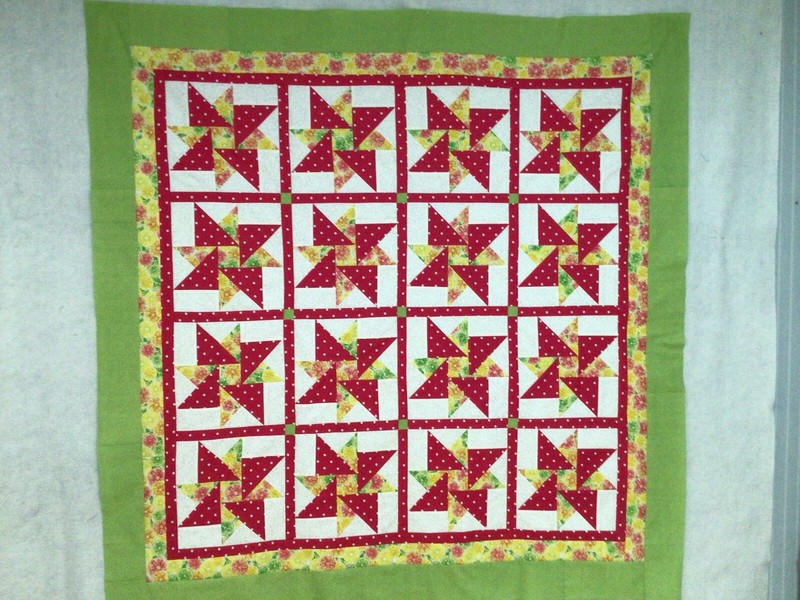 Star Quilt Top Lime Tangerine Lemon Rose & White, New Cotton 55 X 55 Inches