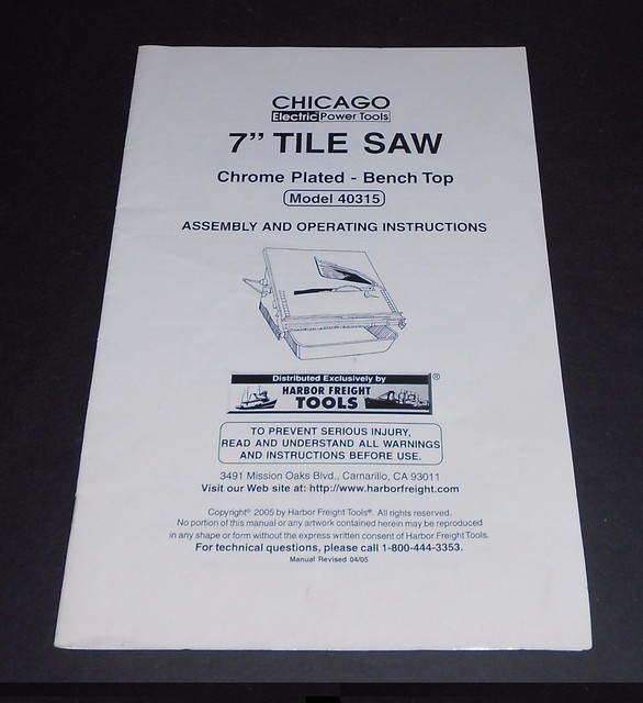 Original Manual for Chicago Electric Power Tools 7" Tile Saw Model