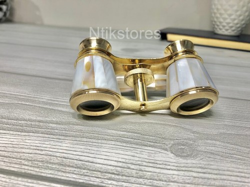 Mother of Pearl Accents Elegant Handle Vintage Opera Glasses Ornate Brass Frame - Picture 4 of 10