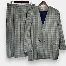 Business Suit 18W 2 Piece Blazer Jacket & Midi Skirt Plaid Tweed Career Academia