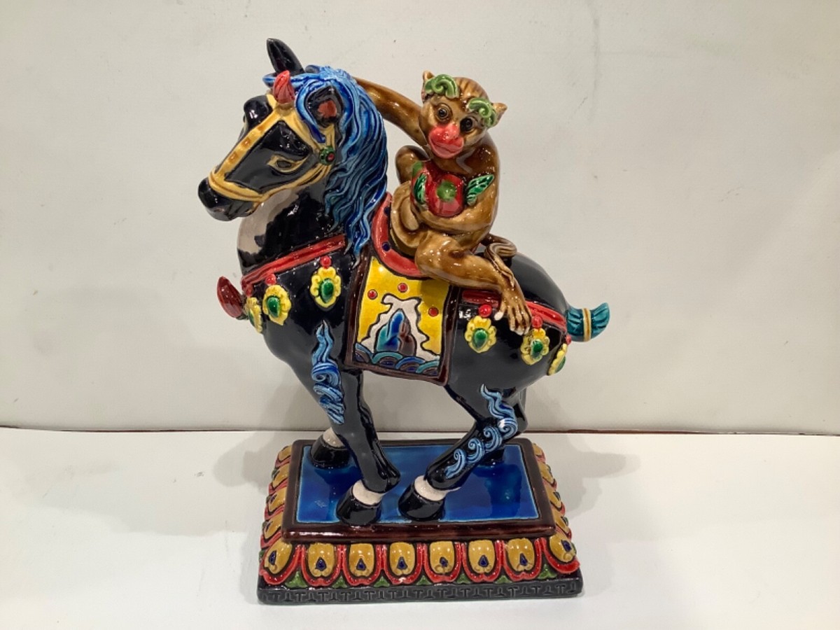 Taiwan Cochin pottery Colorful porcelain monkey ride horse peach