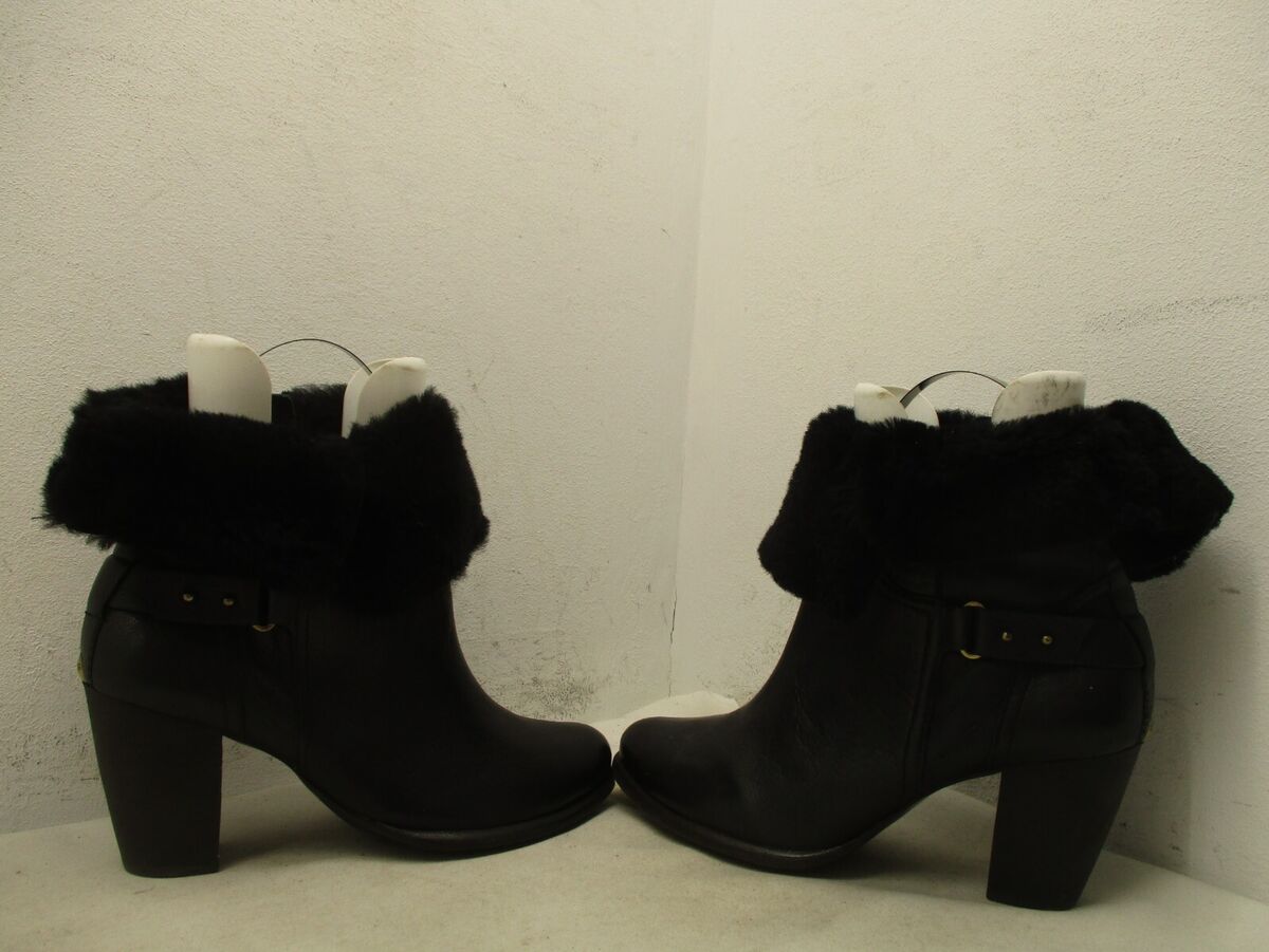 UGG Jayne Black Leather Fold Over High Heel Boots Womens UGG Jayne Black Leather Fold Over High Heel Boots Womens