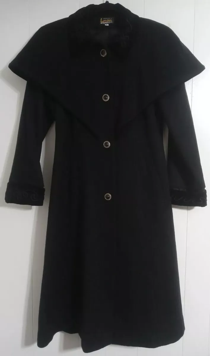 Vintage Lorovi Black Wool Coat Cape Velvet Collar Trim Size 6 Elegant  Overcoat | eBay