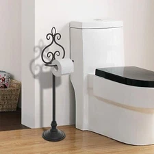 Freestanding Black Metal Scrollwork Design Toilet Paper Holder / Washcloth Bar