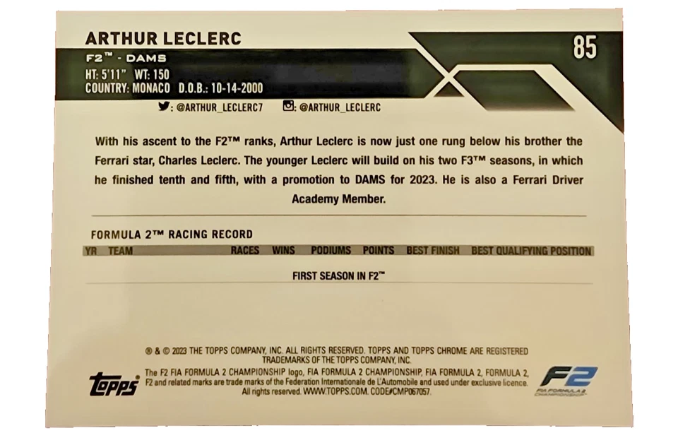2023 Topps Chrome Formula 1 Arthur Leclerc Orange Wave Refractor 18/25 #85 - Image 2 of 4