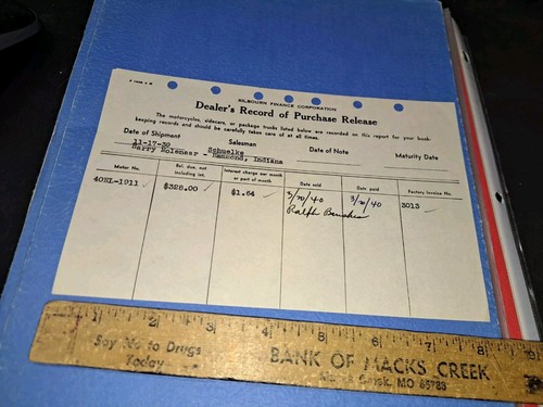 1940 EL HARLEY DAVIDSON DEALERS RECORD OF PURCHASE #40EL-1911 - 第 4/4 張圖片