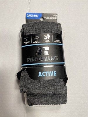 russell boys performance active crew socks 3 pairs size small shoe 4.5 - 8.5