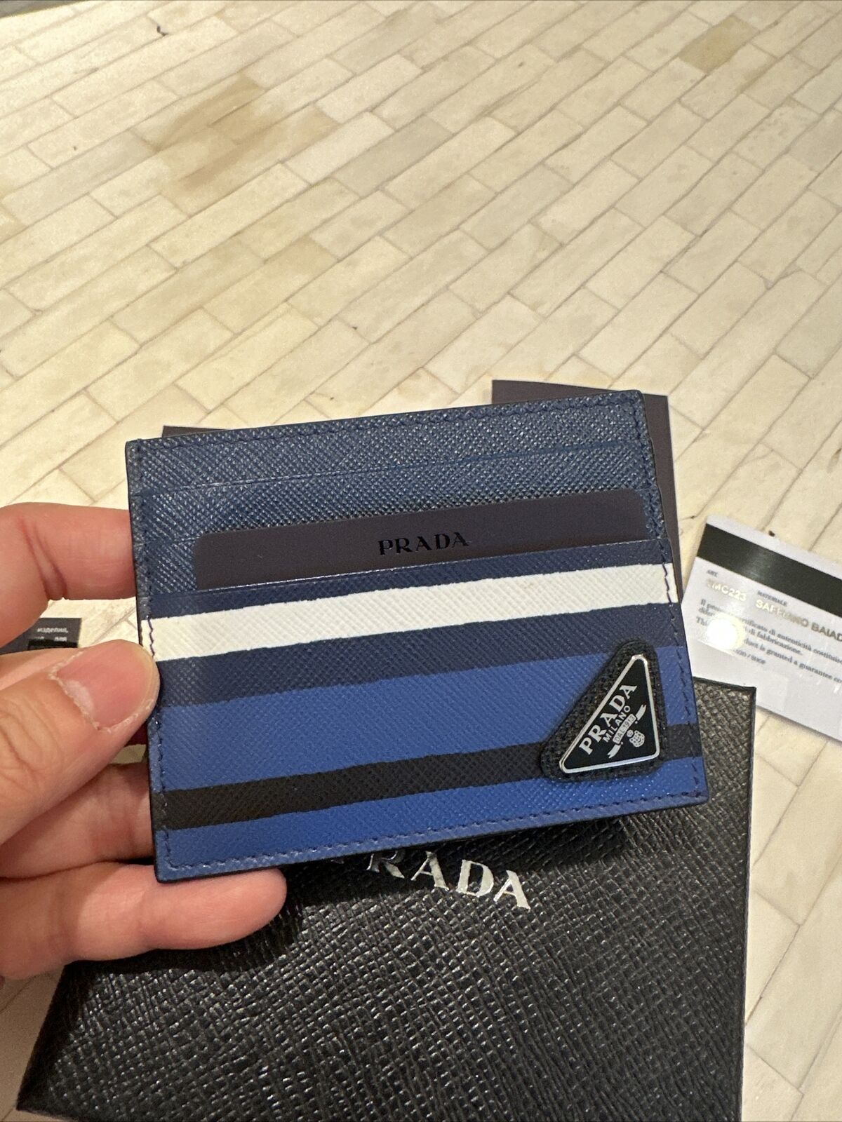 NWT Men's Prada Saffiano Baide Leather Card Holder in Blue/Stripes