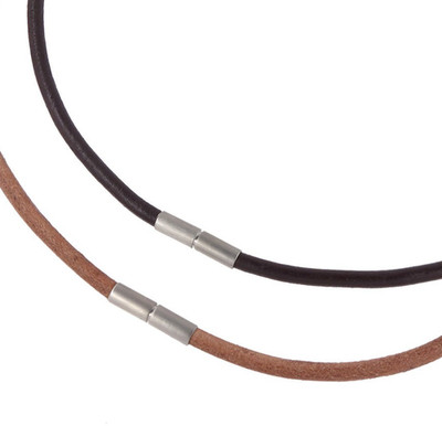 (2 Pack) 17.6'' 4mm Round Genuine Leather Cord Necklace, Satin Stainless Steel