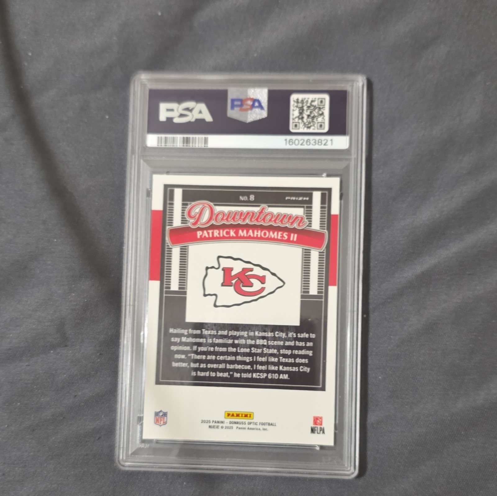 Panini 2025 Donruss Optic Downtown Patrick Mahomes II #8 PSA 8 Chiefs view 2