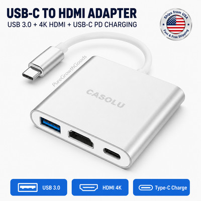 USB-C to HDMI Adapter 4K 3-in-1 Hub 60W PD Charging USB 3.0 Port