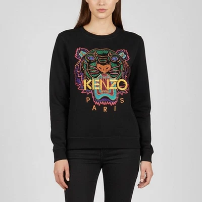 Sweat-shirt en tricot de coton brodé logo tigre noir Kenzo M - Photo 1/4