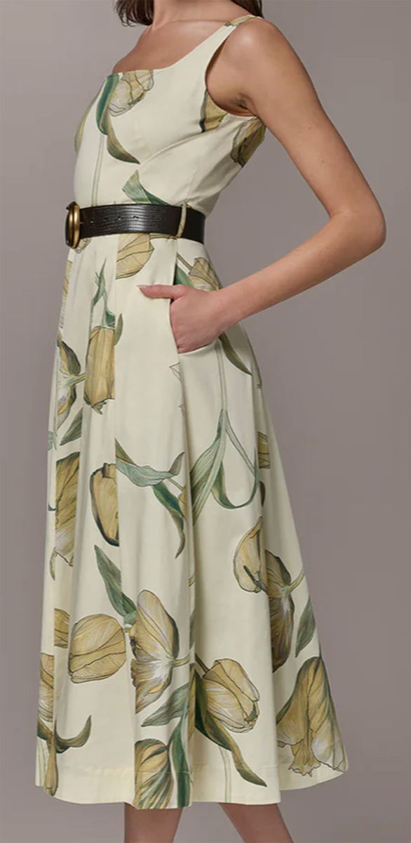 NWT Donna Karan NY Cotton-Sateen Floral A-Line Midi Dress, 10, Panacotta,  $209
