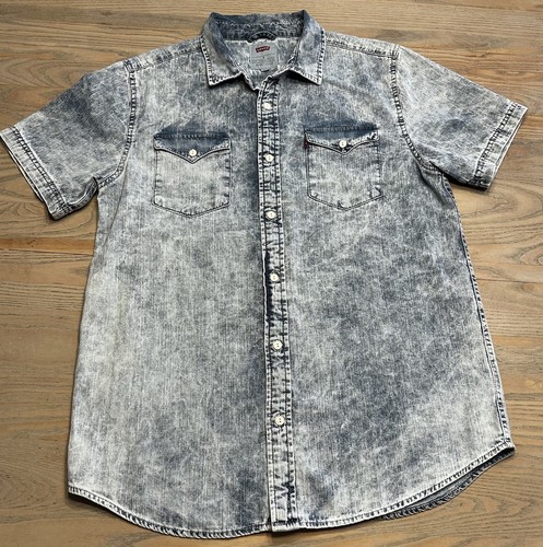 Levi’s Acid Wash Denim Shirt Mens M Button Up Short Slv Cotton Jean Retro Wash - Picture 2 of 17
