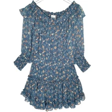 MISA Los Angeles Katryna Off Shoulder Ruffle Mini Dress Blue Floral M Cottage