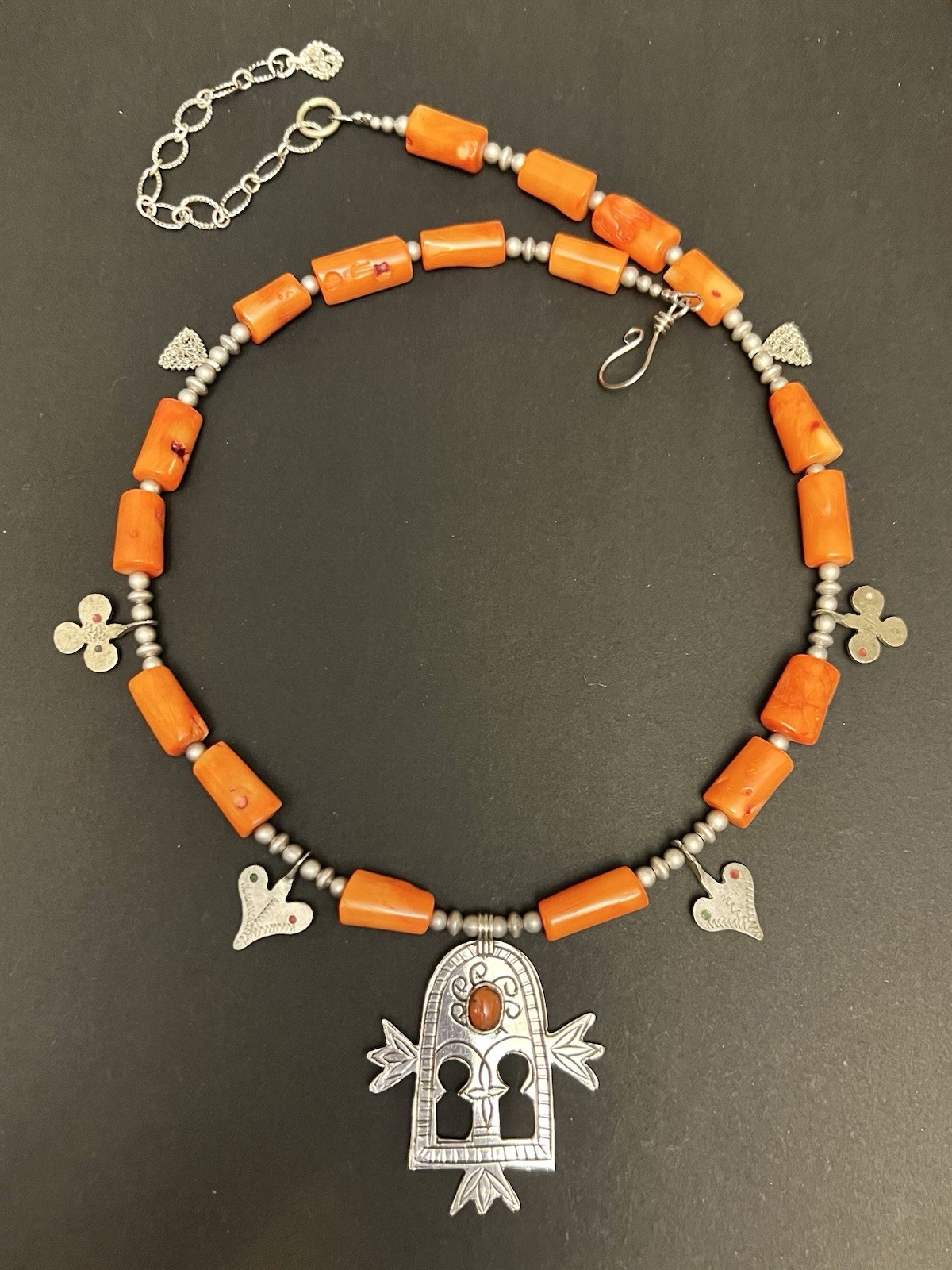Gates of paradise berber Tuareg pendant & vintage Charms Orange Coral Necklace.
