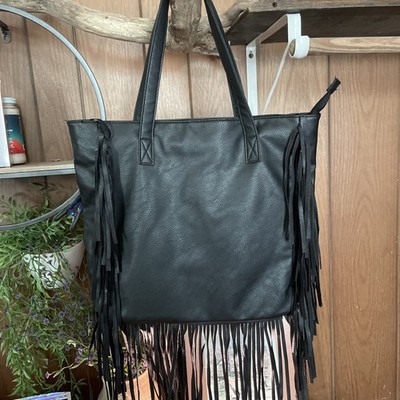 Bobo Minimalist Black Vegan Leather Fringe Purse Shoulder Bag 16x 14 In