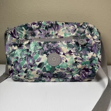 Kipling Wes Floral Crossbody Shoulder Bag Purse Nylon Flower Purple Green
