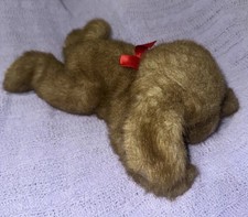 Russ Brown Puppy Dog Floppy Laying Black Nose Red Bow Soft Furry Plush 11" Toy