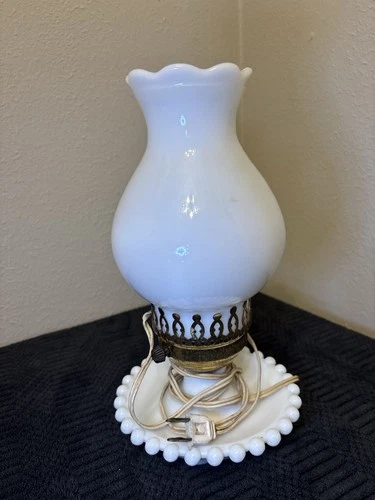 Vtg Milk Glass Electric Bedside Lamp | Hobnail Base l Smooth Hurricane Shade
