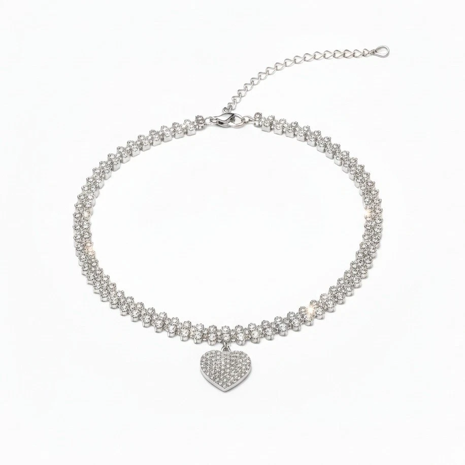 Necklace Choker Silver Heart Charm Crystal Rhinestone Diamante Shine Sparkle - Image 2 of 4