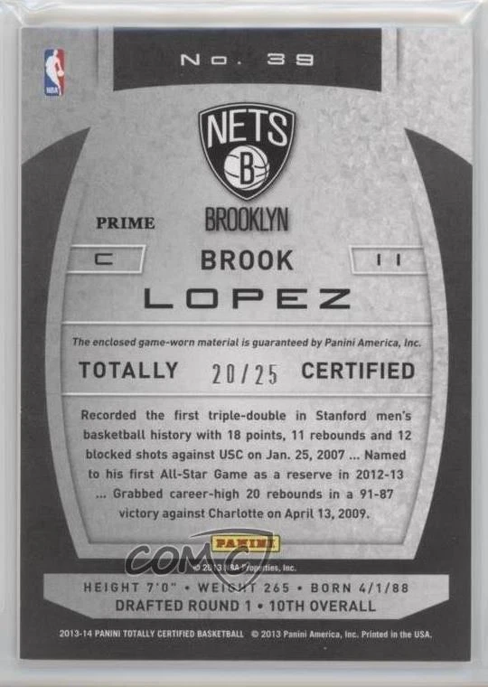 2013-14 Totally Certified Memorabilia Totally Gold Prime /25 Brook Lopez #39 - Image 2 of 2