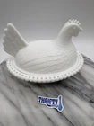Vintage Indiana Glass White Milk Glass SLOTTED Bead Hen On Nest 7” Covered Dish
