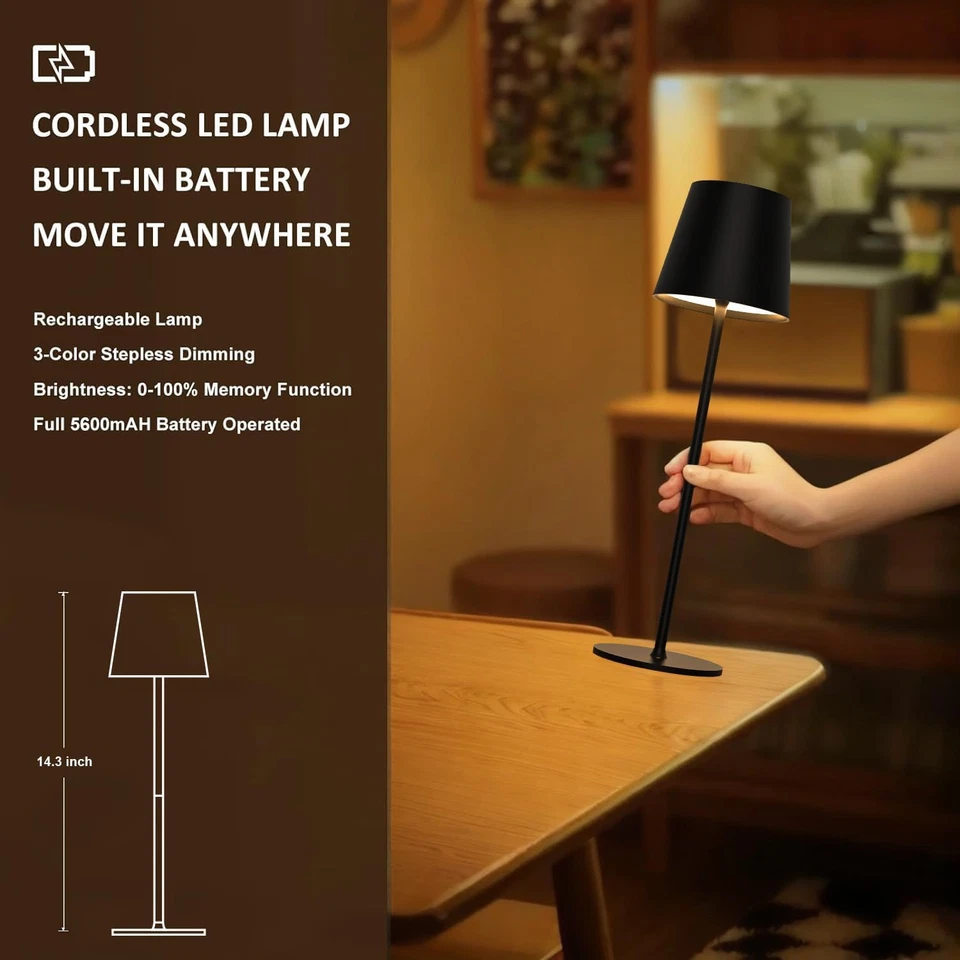Lampada Da Tavolo Dimmerabile a Batteria LED, Lampada Da Tavolo Senza Fili Touch - Immagine 4 di 4
