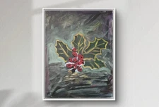 Holly in Winter Holidays, Christmas Modern Art Acrylic Original Art 11x14 Canvas