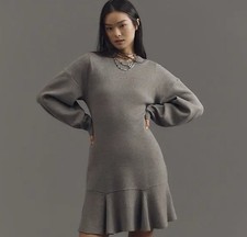 Anthropologie 3/4 Sleeve Ruffled Sweater Knit Dress Gray Small Regular NEW $168