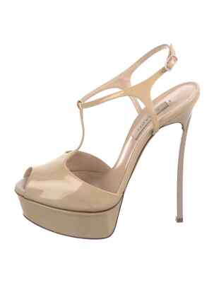 CASADEI Neutrals Patent Leather T-Strap Pumps Blade Heels Size 6B Good Condition
