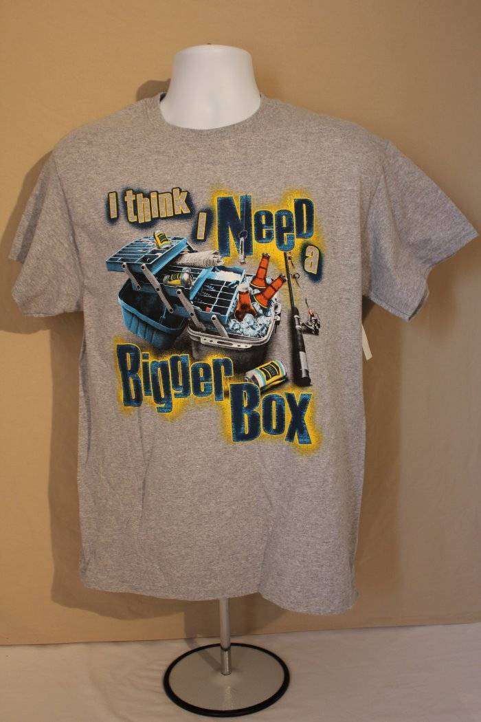NEW Mens Graphic T-Shirt Large Fishing Think I Need Bigger Tackle Box Gray Crew