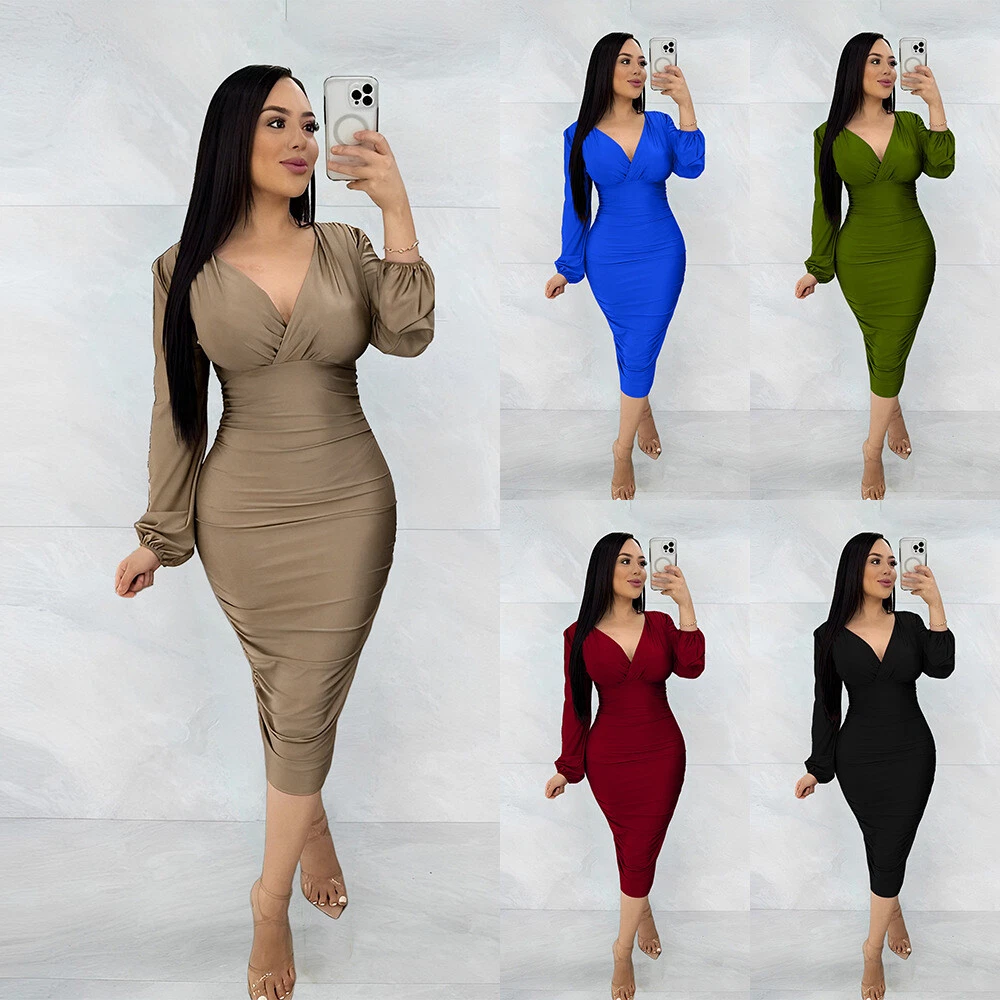 Elegant Women Wrinkled Tight Dress Long Sleeve Evening Party Midi Dresses  S-2XL