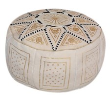 Pouf Moroccan Hassock Leather Round Ottoman Foot-stool Pouffe Medium Beige