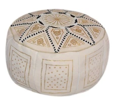  Pouf Moroccan Hassock Leather Round Ottoman Foot-stool Pouffe Medium Beige 
