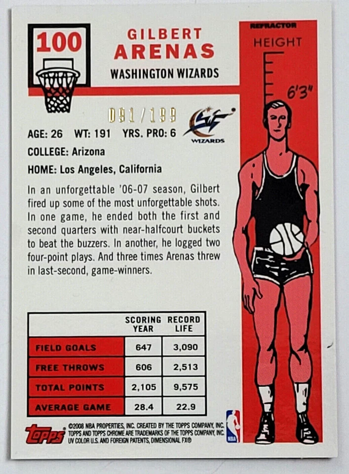 2008-09 Topps cromo - Gilbert Arenas - refractor naranja #D 91/199 Foto 2 de 2