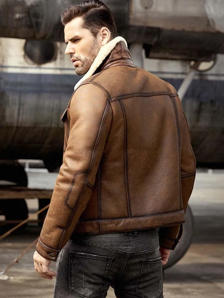 Hombres Aviador Marrón RAF B3 Piloto Volador Bombardero Piel de Oveja Chaqueta de Cuero Real Foto 3 de 4