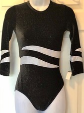 GK 3/4 SLV LADIES SMALL BLACK GLITTER VELVET WHITE FOIL GYMNASTIC LEOTARD AS NWT
