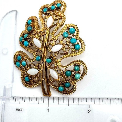 Vintage Swoboda Brosche goldfarben Blatt Türkis & weißer Opal Cabochon Steine - Bild 4 von 10