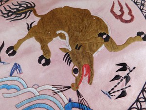 Antique Chinese Silk Embroidered Year of the Horse Medallion Roundel Robe Trim