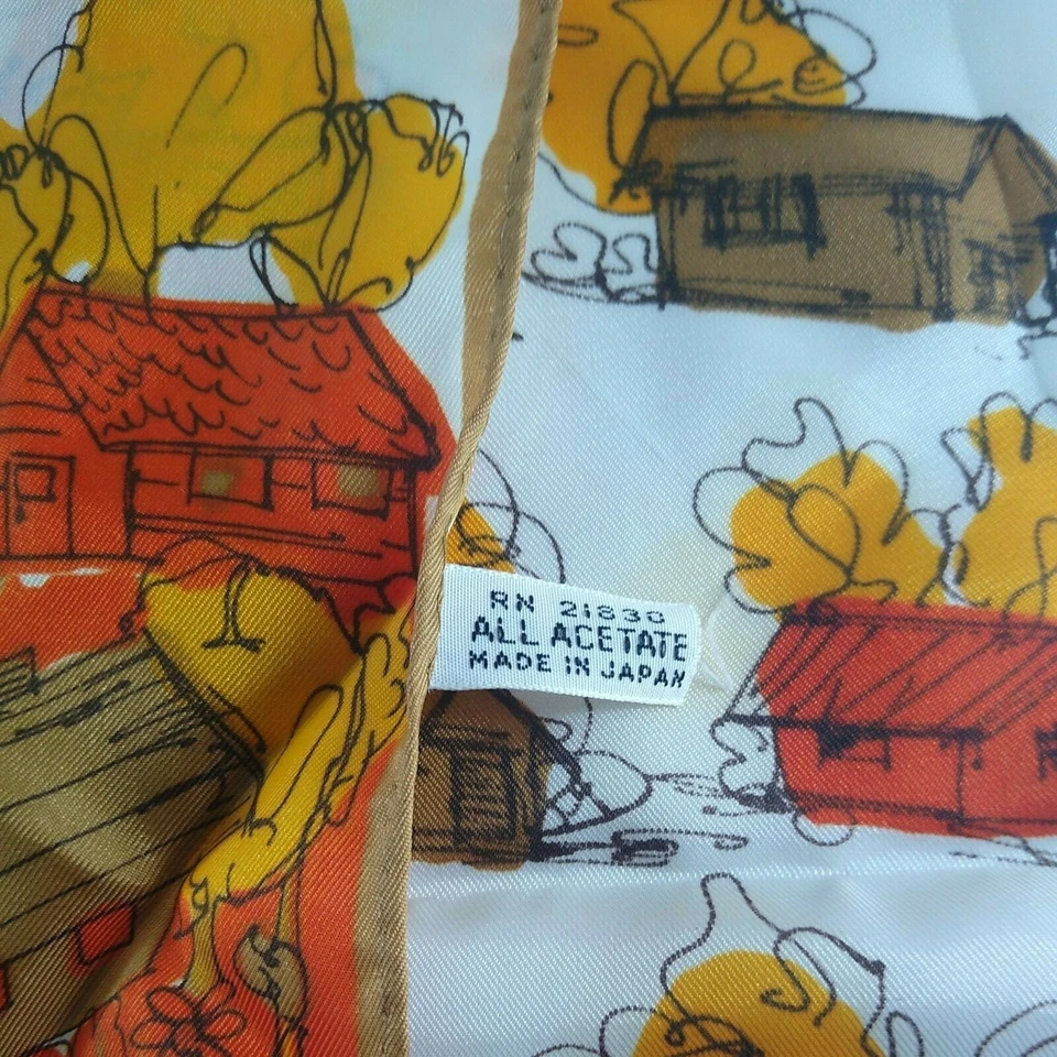 Bufanda vintage para mujer Japón blanca naranja casas pueblo rectangular retro años 60 70 Foto 4 de 4