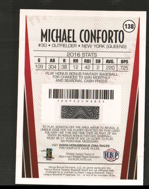 2017 Honus Bonus Fantasy Baseball #138 - Michael Conforto - New York Mets 17-102 - Image 2 of 2