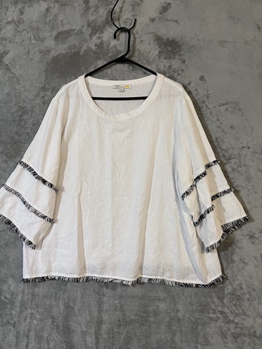 CC CALIFORNIA 2X Tunic Top Womens White Linen Blend Fringe Trim 3/4 Sleeve